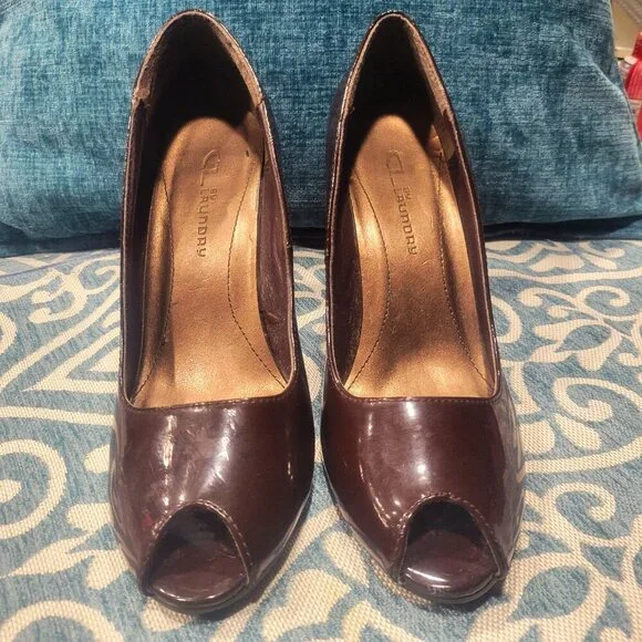 CL Laundry Brown Patent Peep Toe Stiletto Heels - Size 7 - Picture 5 of 7